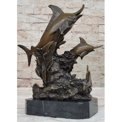 Original Bronze Statue Sculpture Of Marlin Sailfish Swordfish Jumping Out Of Ocean On Marble Base