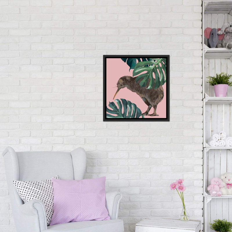 Kiwi oiseau avec monstera art, H 26 po x l 26 po x P 1,5 po, Toile avec cadre noir patiné