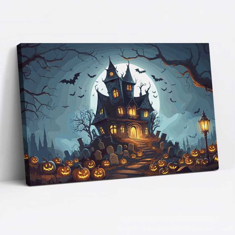 Art mural sur toile Spooky Haunted House Under Full Moon, 28"H x 40"W
