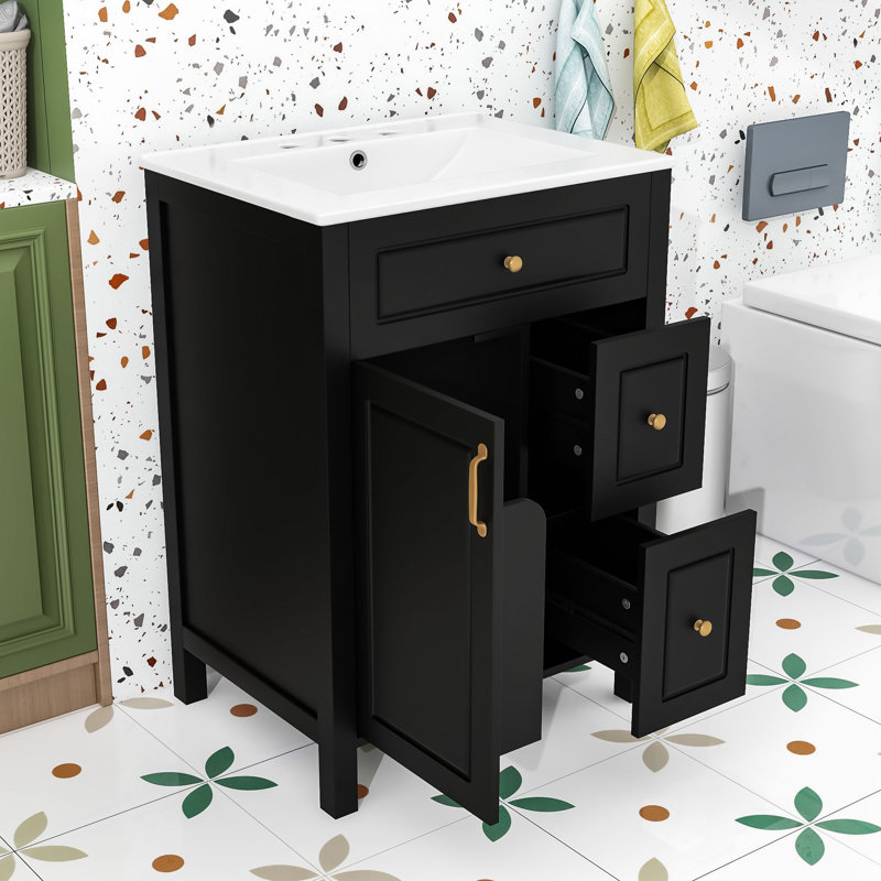 Modern Compact Freestanding Bathroom Vanity with Ceramic Sink, Soft-Close Door and Storage Drawers, Black