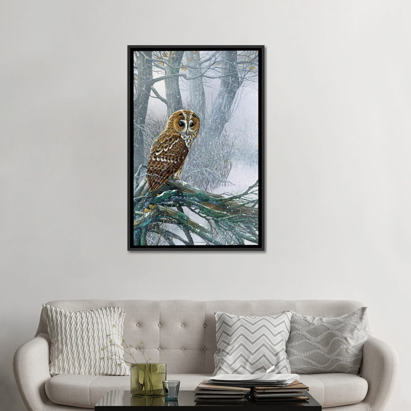 Owl In A Snowy Forest by Jan Weenink - Print, 26" H x 18" W x 1.5" D, Black Framed Canvas, No Matte