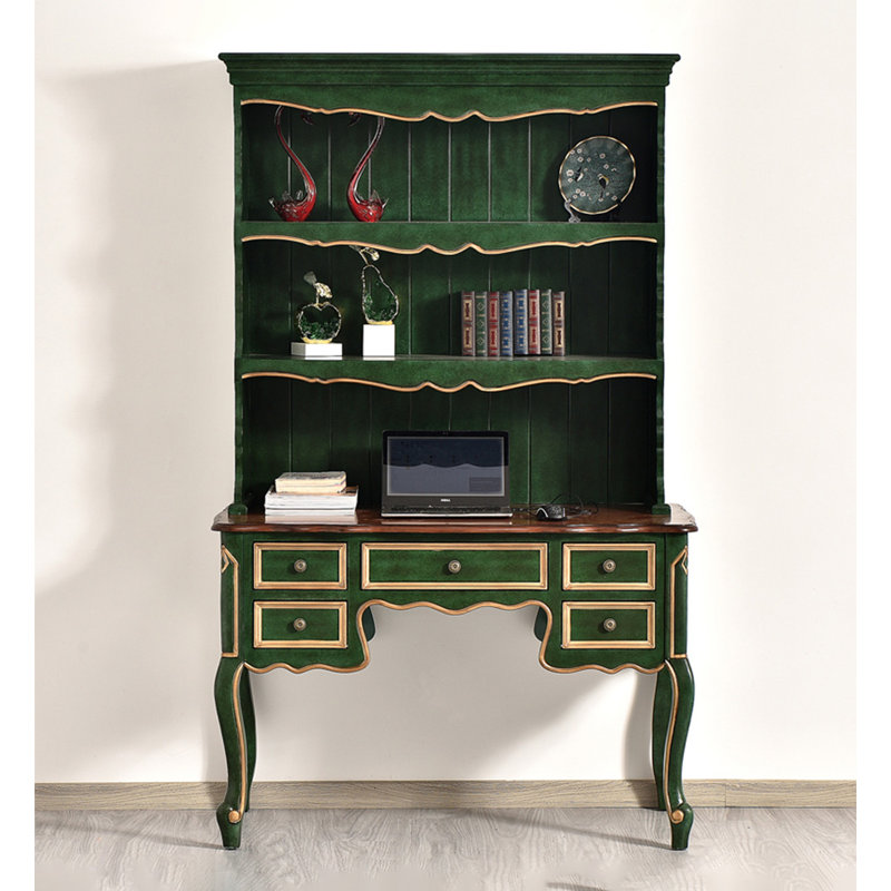 Bureau vert français avec rehausse et cinq tiroirs