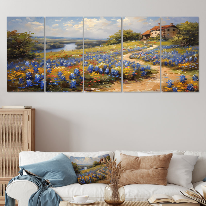 «Blue Green Meadow Charm Blue Bonnets VII», ensemble d'art sur toile Blue Bonnets, H 32 po x l 80 po