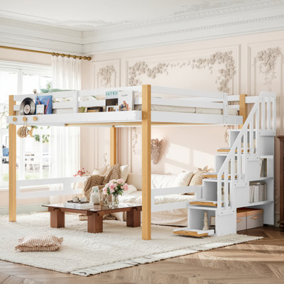 Grand lit mezzanine avec tablettes de rangement et crochet à vêtements, cadre de lit mezzanine en bois avec tablettes pour livres, grand espace sous le lit, blanc et naturel