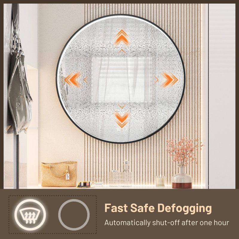 Fantina Round 3 Color Adjustable LED Metal Framed Wall Mirror with Anti-fog, Black, 28" x 28"
