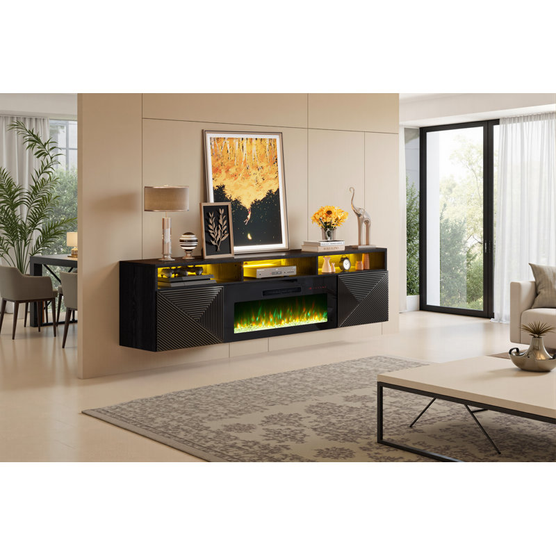Meuble télé Delphi pour foyer flottant, lumière DEL et 3 tablettes de rangement supplémentaires, 80", Noir