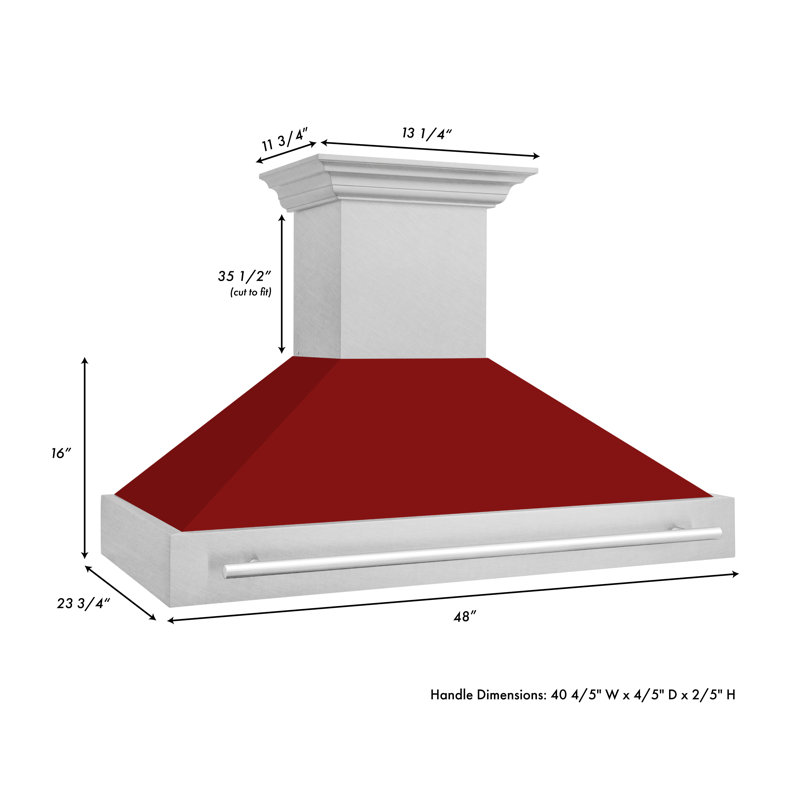 ZLINE 48 in. Satin Steel Wall Mount Range Hood and Stainless Steel Handle, Red Gloss