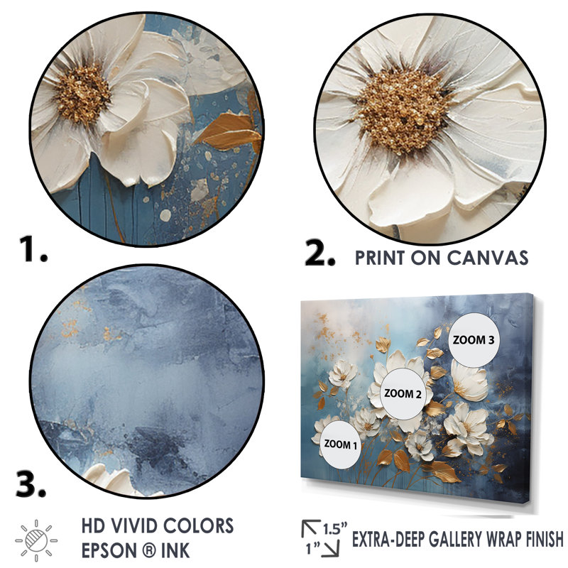 Golden Blue and White Floral Canvas Print with Floating Frame