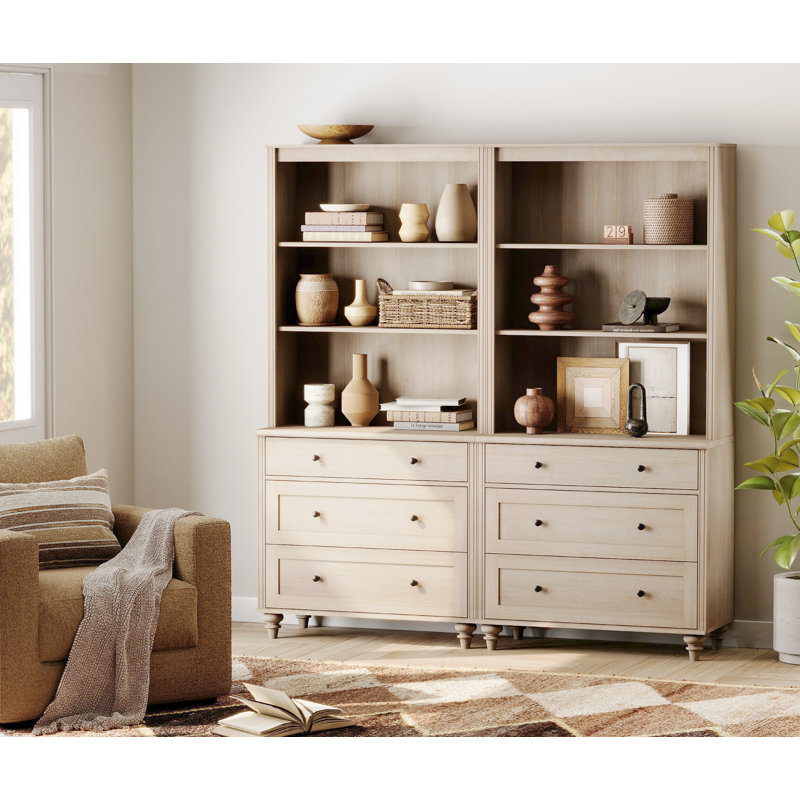 Sideboard Cabinet With Bar Hutch, Buffet Cabinet With Drawers And 3 Tier Shelves, 68'', Light Beige