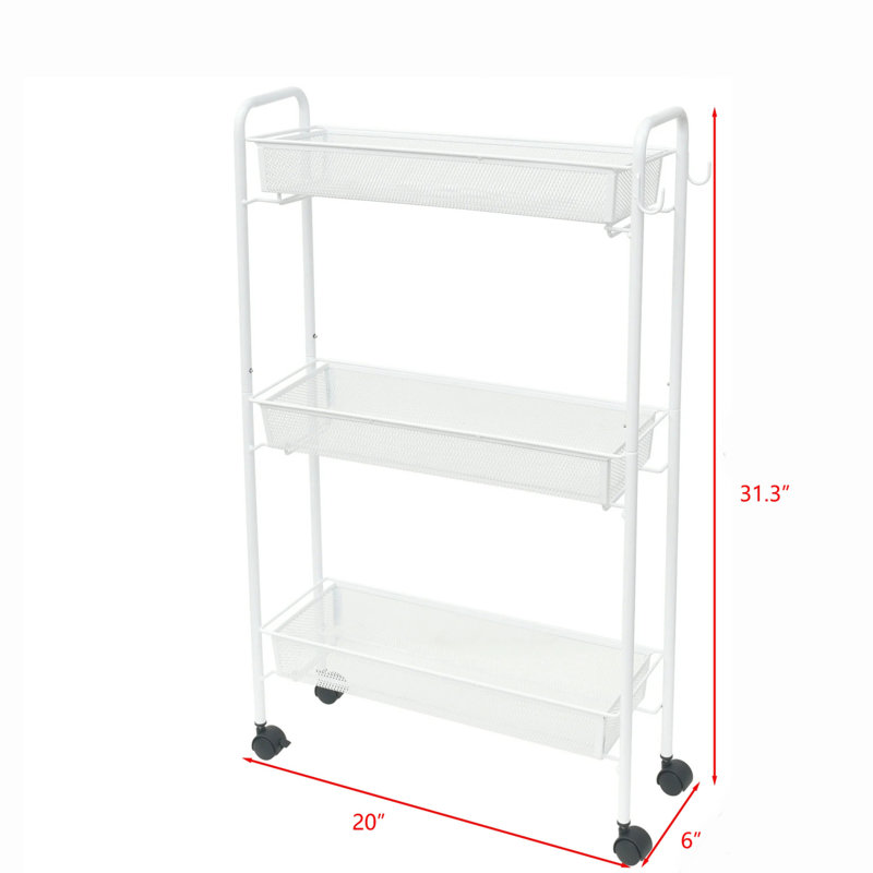 3-Shelf Rolling Bathroom Organization Cart with 2 Hooks