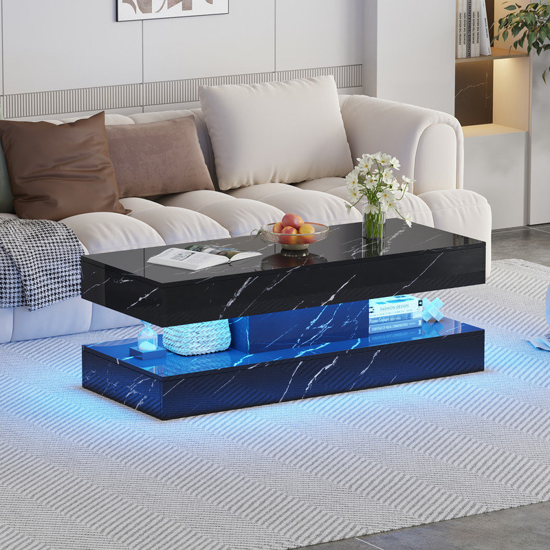 47.2 Inch Coffee Table with LED Lights, Modern High-Gloss Open Shelf Design, 2-Tier Floating Center Table with Illumination, Large LED Coffee Table for Living Room(Pur White)