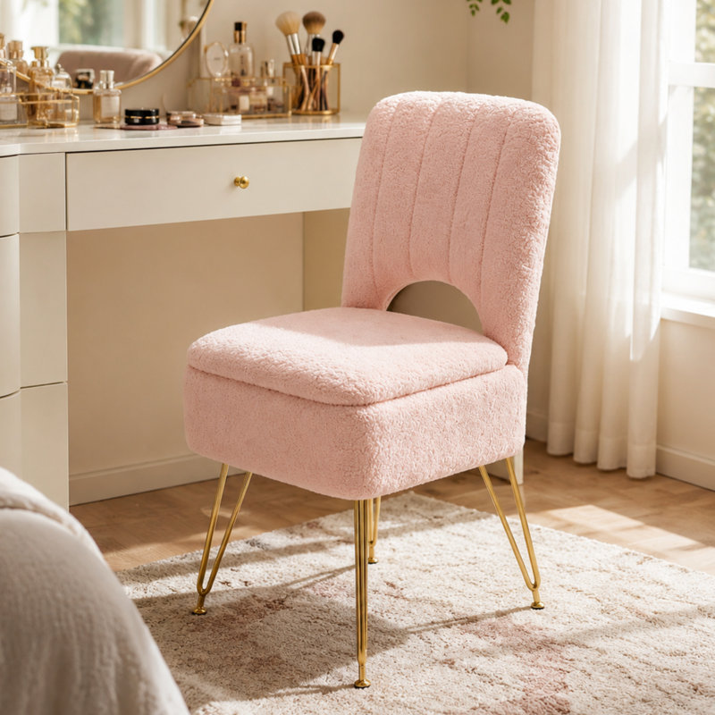 Tabouret de coiffeuse en molleton avec rangement Teddy, Large, Rose