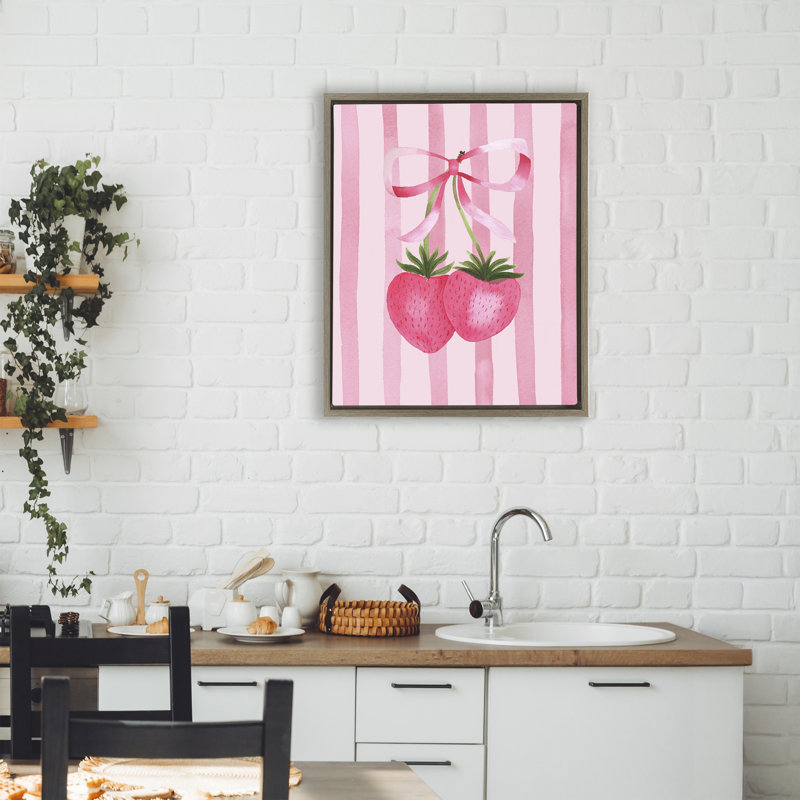 Cadre flottant Coquette Fraises sur rayures, design par Nina Jacobs, H 21 po x l 17 po, Cadre flottant orme Montalcino