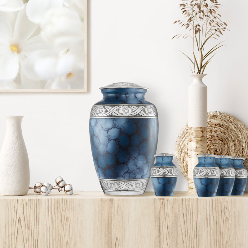 Elegant Blue Polished Brass Keepsake Urn Set
