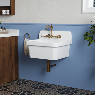 20x24" Deep Ceramic Utility Sink, Wall Mounted Laundry Basin with High Backsplash, White Farmhouse Utility Sink for Garage, Kitchen, Mudroom, Easy to Clean Heavy Duty Wash Basin