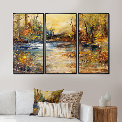 «Stream In Forest», peinture à l'huile sur cadre flottant 3 pièces