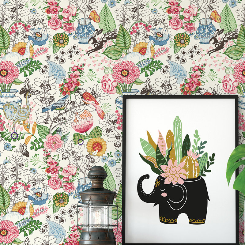 Whimsy Fauna 33' L x 20.4" W Wallpaper Roll, Green/Pink