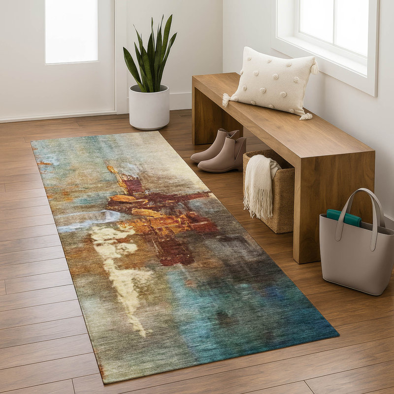 Tapis abstrait lavable à la machine de qualité supérieure Mayfield AMF2157, Paprika, Tapis de couloir 2 pi 3 po x 7 pi 6 po