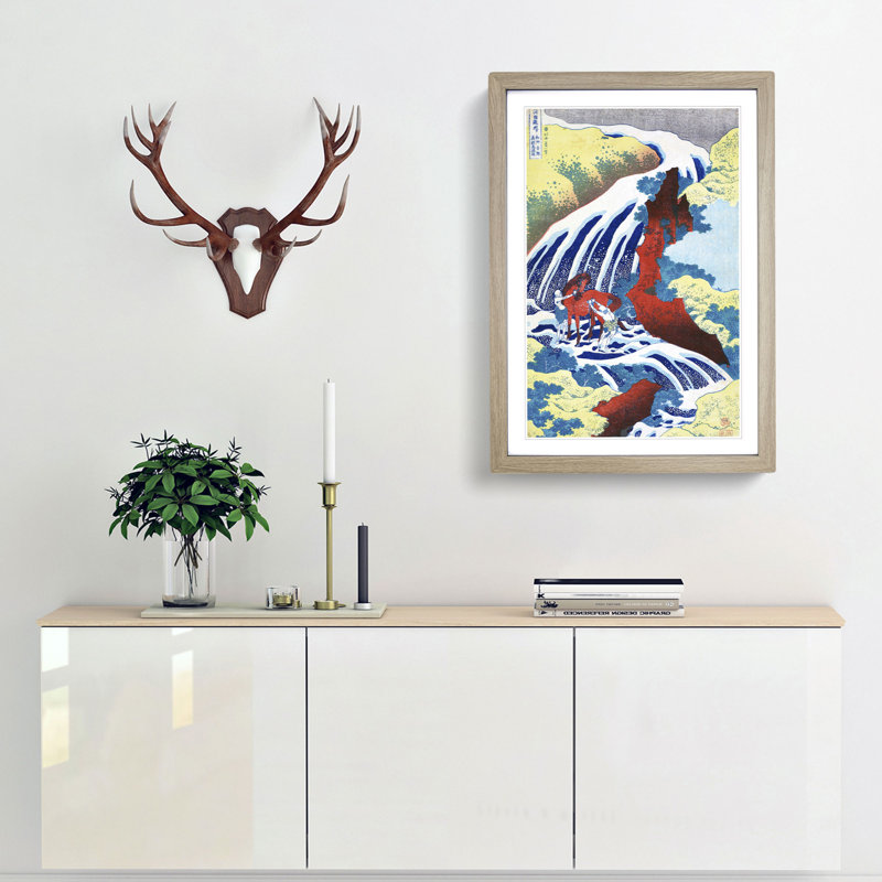 Yoshitsune Falls by Katsushika Hokusai - Picture Frame Art Print, 36cm H x 27cm W x 2cm D, Oak Framed