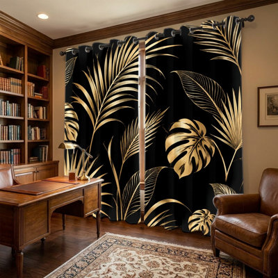 2Pcs Tropical Leaf Print Curtains, Black Gold Palm Monstera Pattern Drapery, Luxury Modern Grommet Window Treatments for Living Room Bedroom Home Decor
