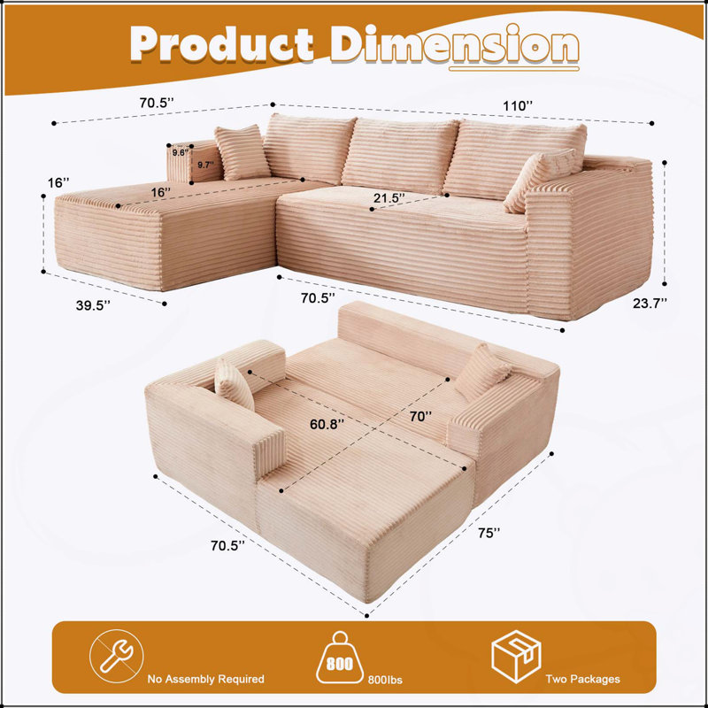 Compression Sectional Couch with Comfy Chaise, Boneless L Shape Sofa for Living Room and Bedroom, Minimalist Modular Sleeper