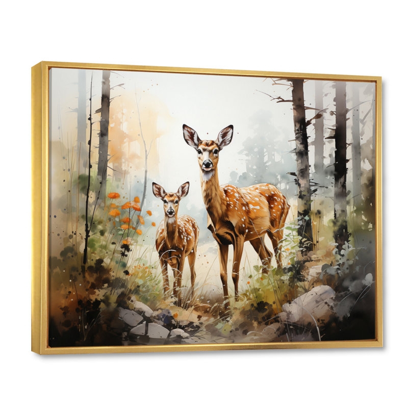 Deers Whispering Woods II sur impression sur toile, H 12 po x l 20 po x P 1 po, Cadre flottant doré