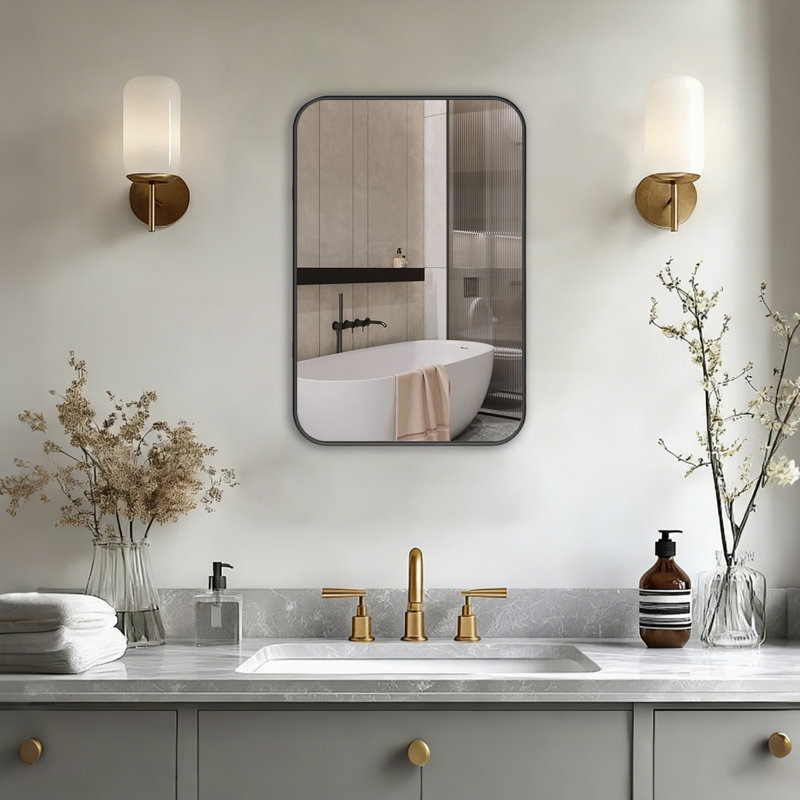 24"x35" Vintage Rectangle Medicine Cabinet with Mirror, Wall Mounted Bathroom Storage with Recessed/Surface Mount Options, Black Metal Frame