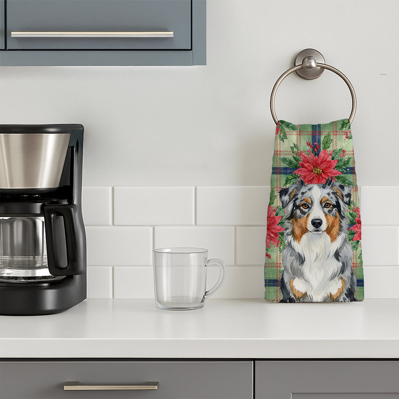 Blue Merle Australian Shepherd Christmas PoinsettIas Kitchen Towel, Blue Merle Australian Shepherd