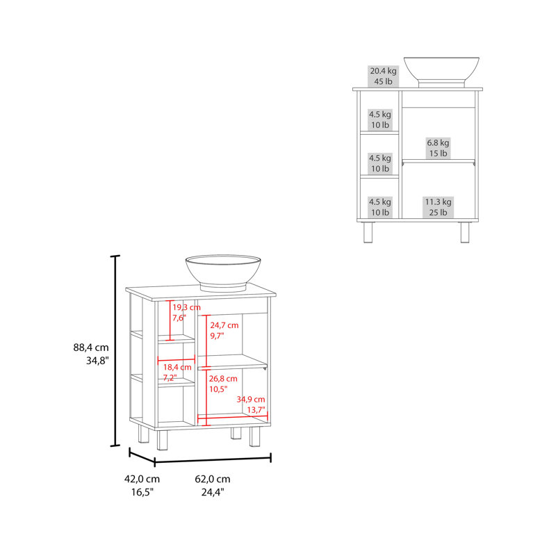 Meuble-lavabo de salle de bain avec 8 tablettes de rangement et une seule porte, finition pour une ambiance chaleureuse et élégante, 4 piliers aux pieds