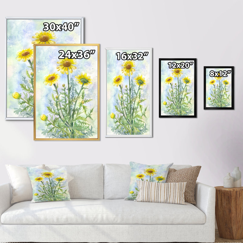 «Wild Blossoming Yellow Wild Camomiles», art mural sur toile traditionnel, H 36 po x l 24 po x P 1 po, Cadre flottant doré