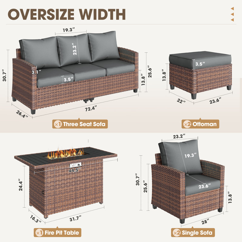 6-Piece Patio Furniture Set with Gas Fire Pit Table, PE Wicker Outdoor Conversation Set with 3-Seat Sofa, 2 Armchairs and Ottomans, Outdoor Patio Furniture for Backyard & Porch