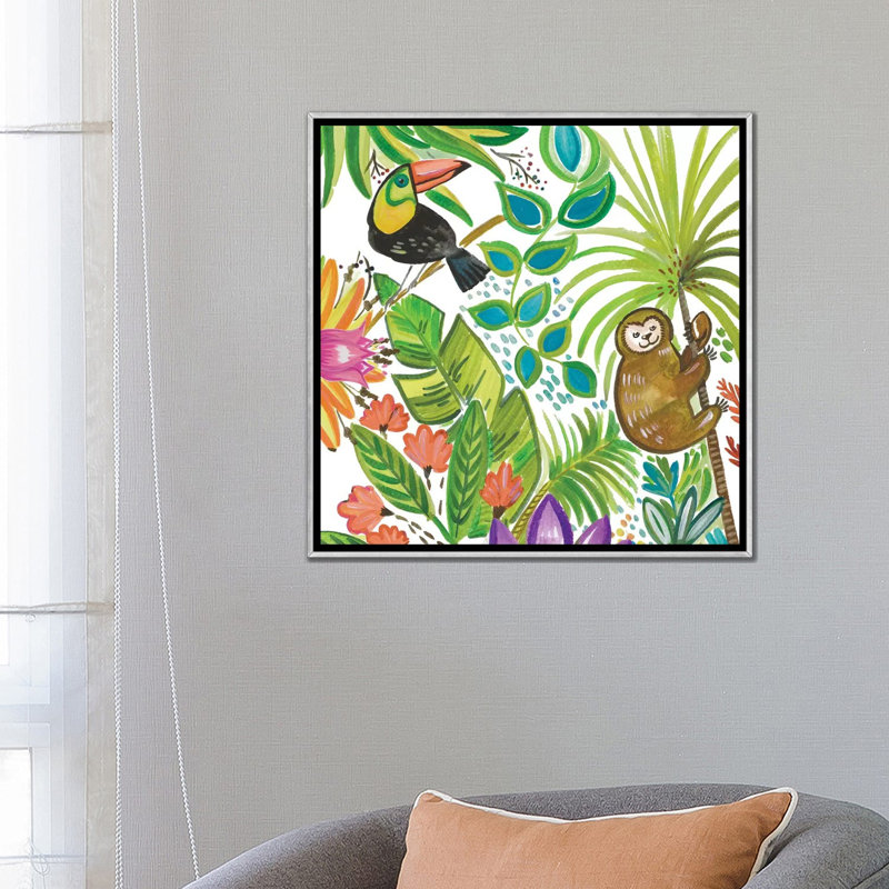 Art tropical encadré, H 26 po x l 26 po x P 1,5 po, Toile avec cadre argenté