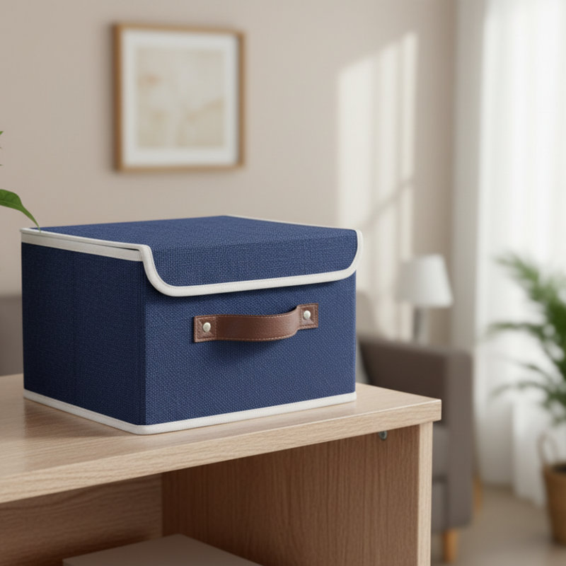Large Blue Home Storage Box, Lidded & Collapsible, PU Handle PP Board Linen Material Storage, Blue