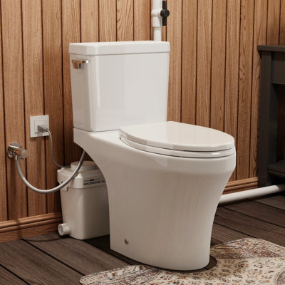 Système de toilette allongé à hauteur confortable MaceratingFlo 18 pouces avec pompe 900W, 3 entrées d'eau, chasse d'eau 1,28 GPF et deux tuyaux d'extension inclus