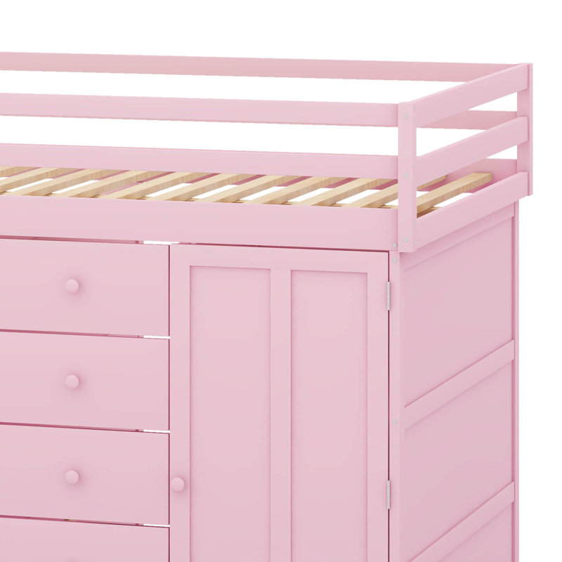 Lit superposé double avec 2 grands tiroirs et 5 petits tiroirs, rangement moderne avec petite armoire, Rose Sakura