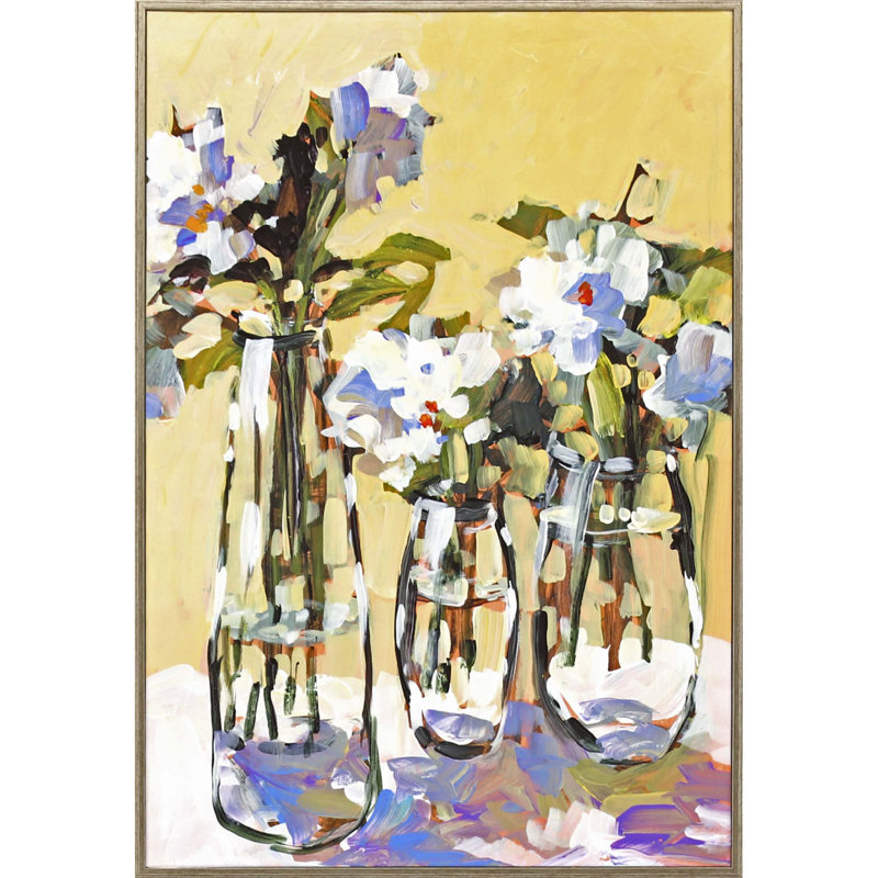 Three Flower Vases Multicolor Print with Silver Plastic Frame