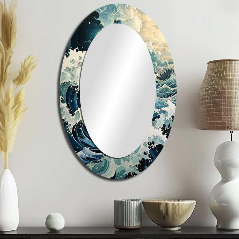 Abstrait bleu et blanc Ocean Storm I - Grand miroir mural ovale sur métal, 36 po x 24 po