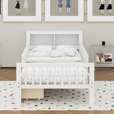 Lit simple avec tablettes de rangement pour la tête de lit, tiroirs, garde-corps à trois côtés pour plus de sécurité
