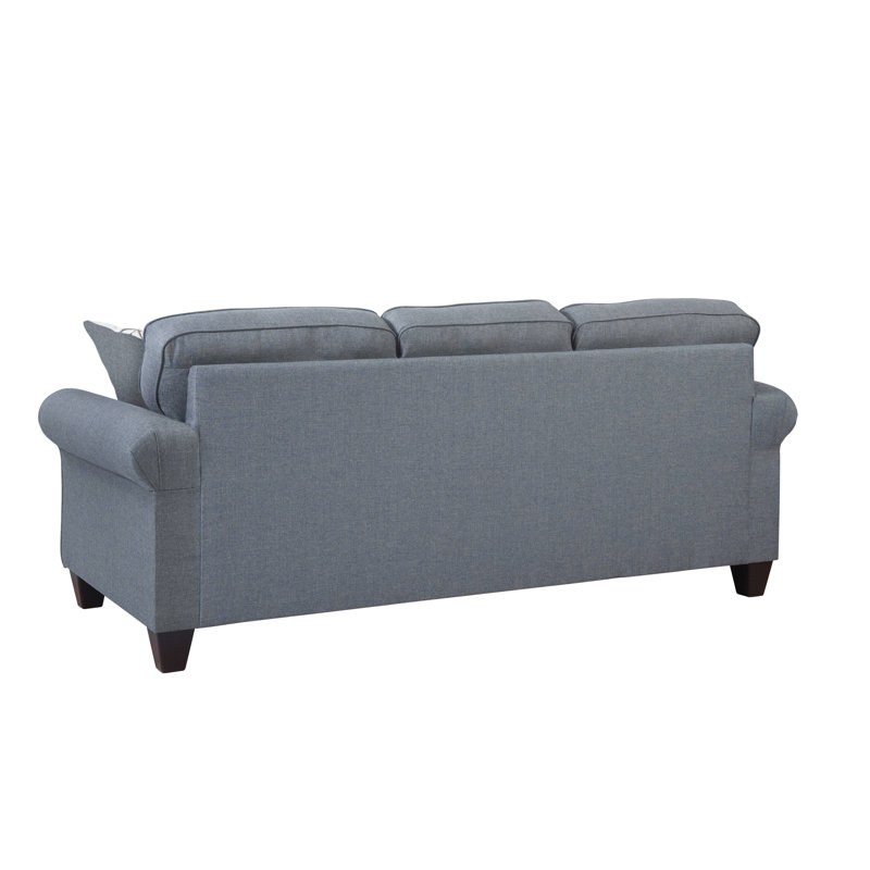 Classic Cottage Blue Fabric Sofa with Rolled Arms and Pillows
