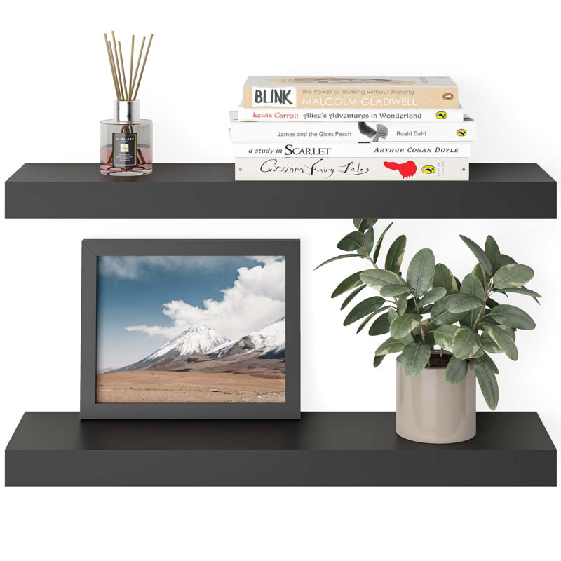 Black Veneered Wood Floating Wall Shelves with Invisible Brackets, Set of 2