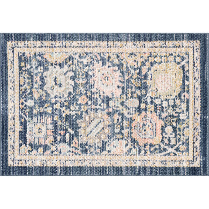 Camilla Traditional Oriental Navy Blue Polyester Area Rug, Rectangle 2' x 3'