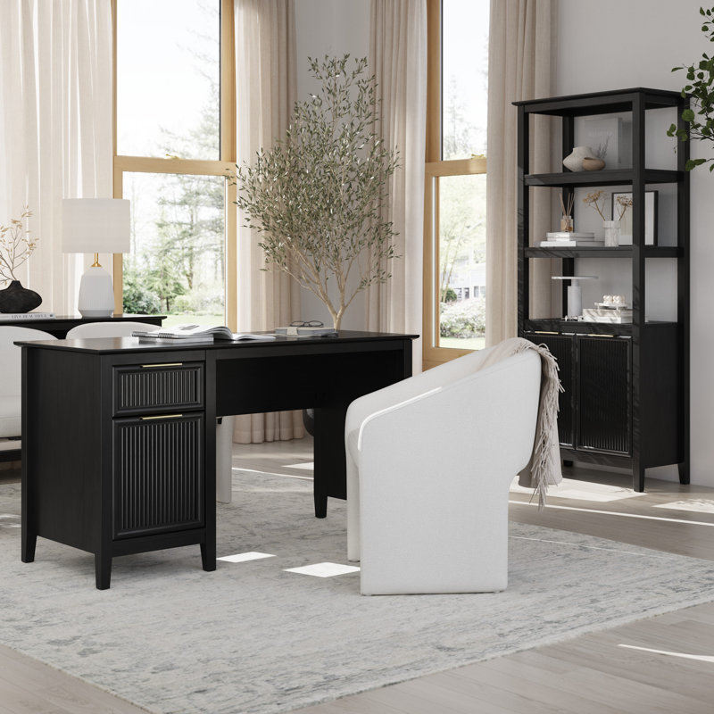Fluted Office Desk With Storage And Mid Back Barrel Office Chair, Home Office Furniture, Onyx Birch