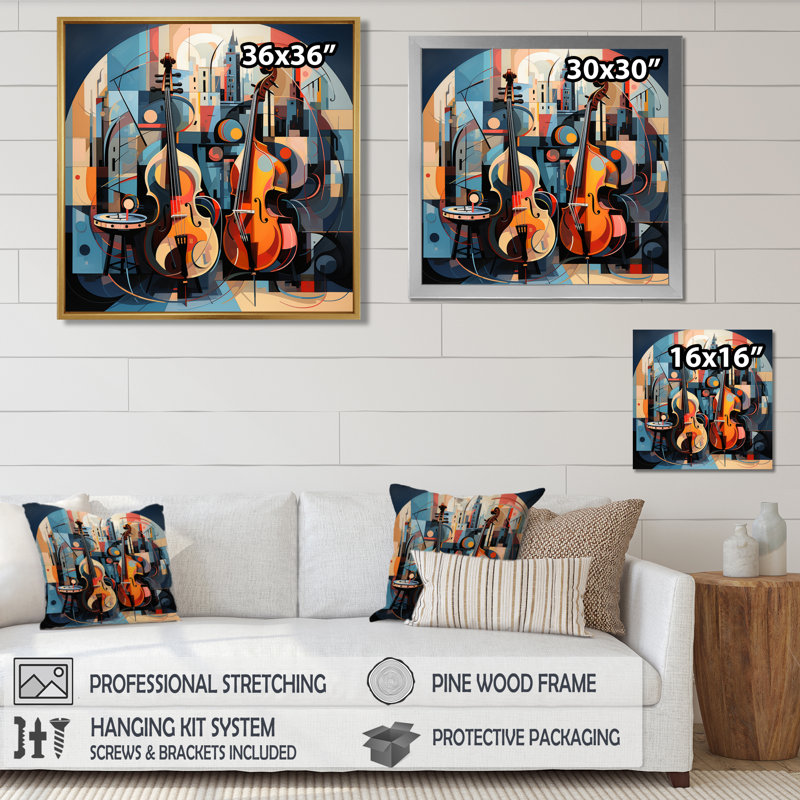 All That Jazz Cubist Double Bass - Musician Wall Art Decor, Toile avec cadre flottant noir, H 16 po x l 16 po x P 1 po