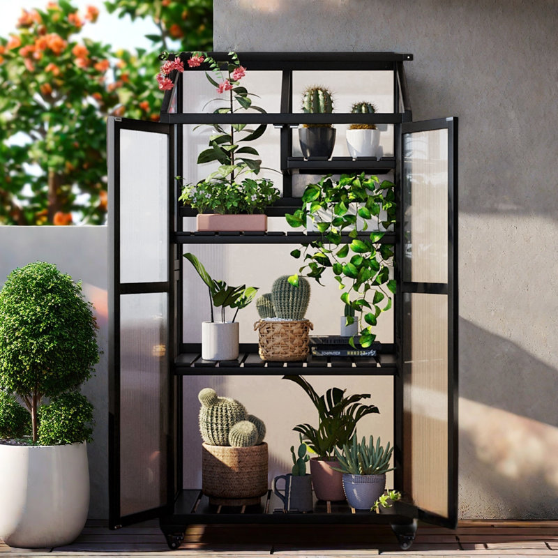 Height Wood Large Greenhouse Balcony Portable Cold Frame With Wheels, Adjustable Shelves And Openable Roof, Black