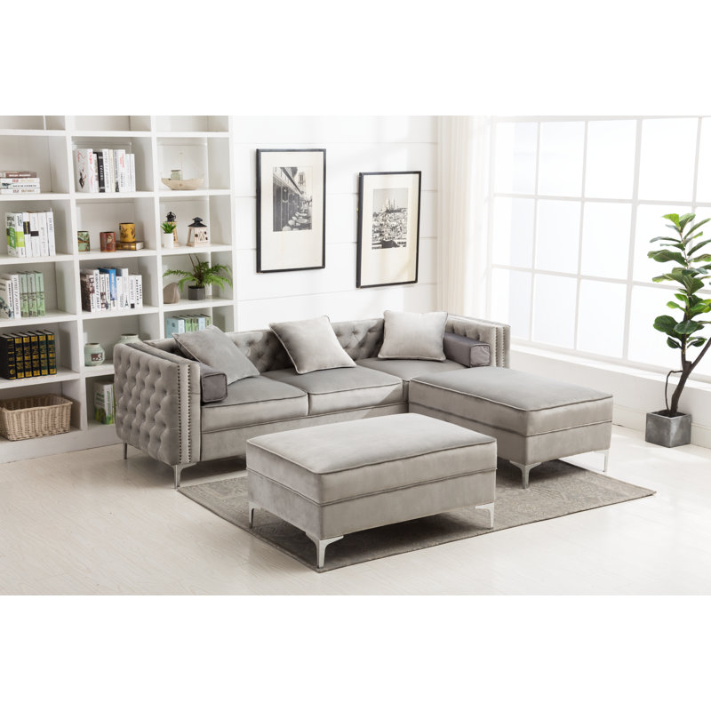 Marciano 104" Wide Velvet Reversible Modular Sofa & Chaise with 2 Ottoman, Gray