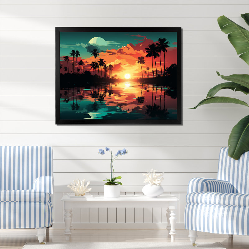 Coucher de soleil orange «Bold Landscape II - Coastal Sunset», art mural, Cadre d'angle fermé noir