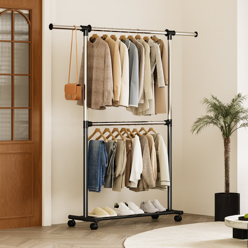 Retractable Drying Rack Steel Double Rod Adjustable Rolling Clothes Rack, 2-tier