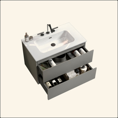 Meuble-lavabo mural de 30 po avec lavabo en céramique avec trois trous de robinet, grand meuble-lavabo flottant de rangement pour salle de bain moderne, pré-assemblé