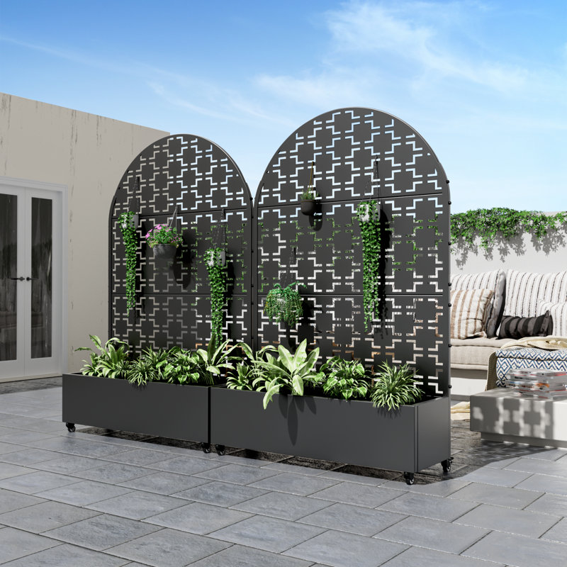 Arch Metal Planter Box with Trellis with Wheels, 72" H x 47" W x 16" D