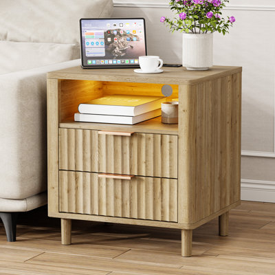 24" H Mid Century Night Stand with Charging Station, 2 - Drawer Storage Fluted Cute Bedside Table with Open Shelf, Curved Profile End Table for Bedroo by Ebern Designs